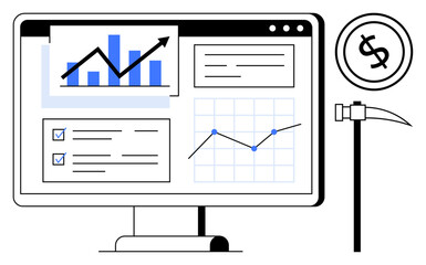 Computer screen displaying graphs, charts, and checklists with a pickaxe and dollar sign nearby. Ideal for business, finance, analysis, mining, data, progress investment in a flat simple metaphor