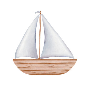 Watercolor babes illustration sailboat. Hand drawn flair water boat isolated on white background, driving for babes production. Sailing ship in pastel colors. Sketch of Boat for childish design