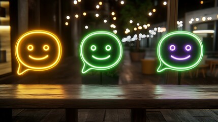 Neon smileys on a table at night