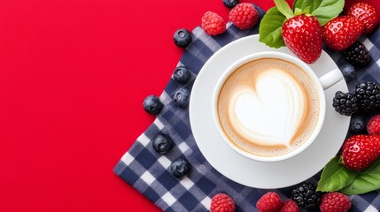 A beautifully crafted latte with heart design, surrounded by fresh berries on a red background