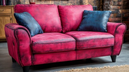 Red sofa with pillows in room background