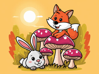 Fototapeta premium Adorable fox and bunny in enchanted forest with oversized mushrooms and bright sun