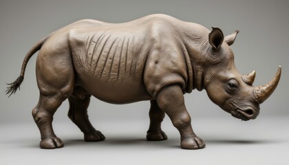 Obraz premium A realistic depiction of a standing rhinoceros figurine showcasing intricate ribbed folds on its thick skin