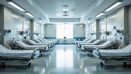 The empty hospital room is filled with rows of neatly made beds, each one equipped with IV poles, monitors, and other essential medical equipment