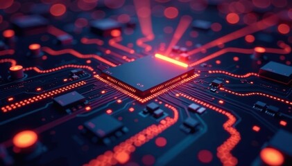 Fototapeta premium Abstract glowing circuit board, futuristic tech texture, red, artificial intelligence, glowing