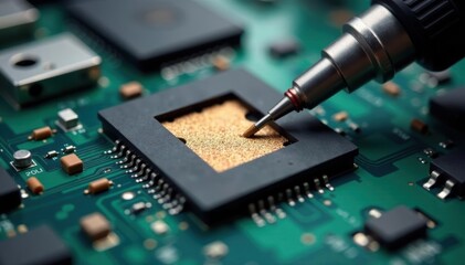 Close-up of damaged notebook PCB requiring repair, integrated circuit, pcb damage, digital repair