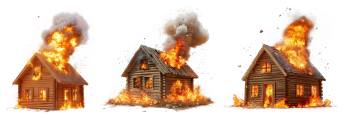 set of wooden house burning with fire and explosion isolated on transparent background