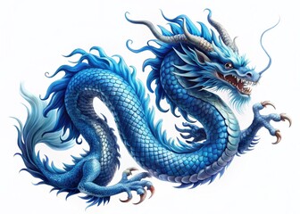 Azure Chinese Dragon, Isolated White Background: Majestic Mythical Creature Stock Photo