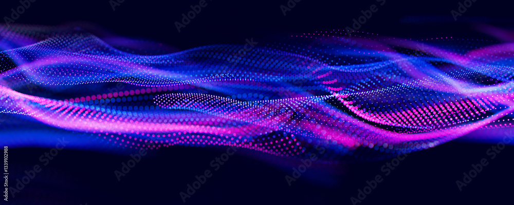 Poster abstract wave of particles. big data digital flow concept. llm learning process, ai technology. quan