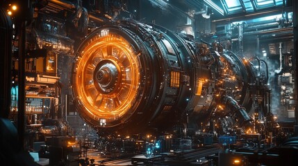 An industrial factory producing advanced machinery, with sparks and glowing mechanisms 