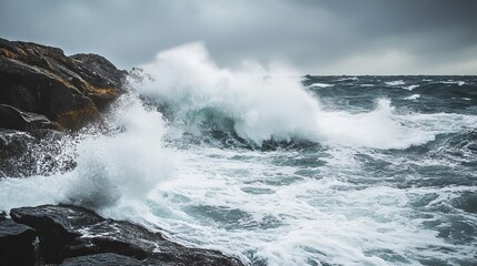 Powerful Waves Crashing on Rocky Coast