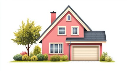 Charming suburban pink house with garden and garage on white background