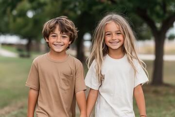 Obraz premium Smiling Children Walking Hand in Hand Outdoors