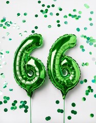 Green balloon number 66 for sixty-sixth birthday or anniversary party. White background with confetti