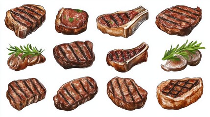 Obraz premium Grilled steak variety with herbs - collection of juicy cuts perfect for cooking enthusiasts