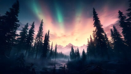 A serene landscape featuring tall trees, mountains, and a colorful sky with auroras at dawn or dusk. Concept Serene Landscape, Tall Trees, Majestic Mountains, Colorful Sky, Auroras at Dawn/Dusk