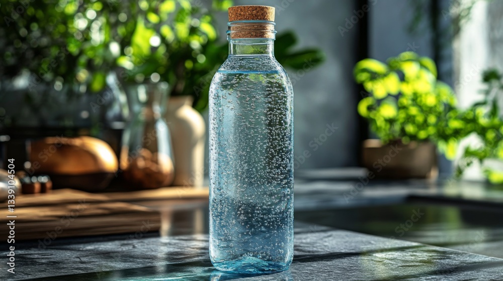 Poster A clear bottle of sparkling water with a cork top stands on a kitchen counter. Sunlight streams in, illuminating the surrounding greenery and creating a refreshing atmosphere.