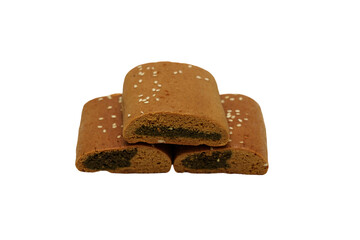 Roti Gambang or 'Ganjel Rel' one of Indonesian traditional brown breads with sesame seeds, flavoured with cinnamon and palm sugar. Isolated on white background