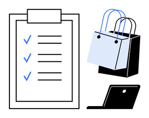 Clipboard with checklist, monochromatic shopping bags, and a minimalist laptop engaged in productivity tasks. Ideal for e-commerce, online shopping, organization, task management, digital retail