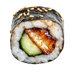 Square sushi roll with grilled eel, cucumber, and sesame seeds, wrapped in rice and nori, offering a savory umami flavor.