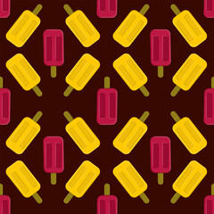 Bright seamless pattern featuring yellow and red popsicles on a dark chocolate background. Playful and vibrant summer-themed digital design for textiles, wallpapers, and wrapping paper.