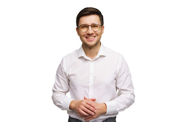 Friendly young man in a white shirt smiles confidently against a plain background