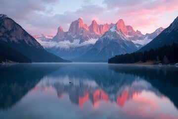 Dramatic sunrise over mountain range reflecting in calm alpine lake surrounded by lush forest