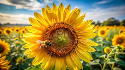 Fototapeta premium August Sunflower Bee Close-Up: Drone Aerial View of Honeybee Pollinating