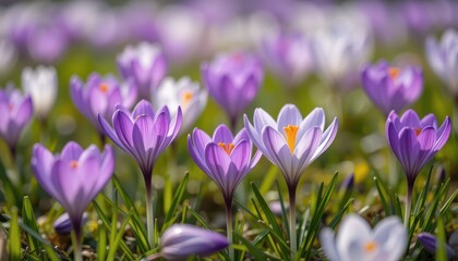 Blooming crocuses in spring meadow nature floral landscape vibrant colors