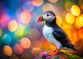 Naklejka premium Atlantic Puffin Bird on Vibrant Background - Colorful Nature Photography with Copy Space