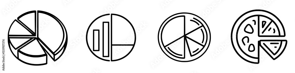 Poster various simple pie chart designs representing data visualization in a minimalistic style