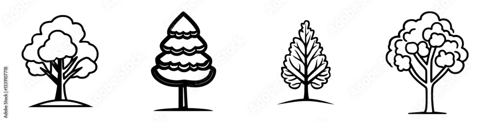 Poster different types of trees depicted in simple line art style showcasing their unique shapes and forms 