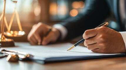 Lawyer signing legal documents with justice scales. Businessman finalizing agreement. Corporate professional penmanship on paper.