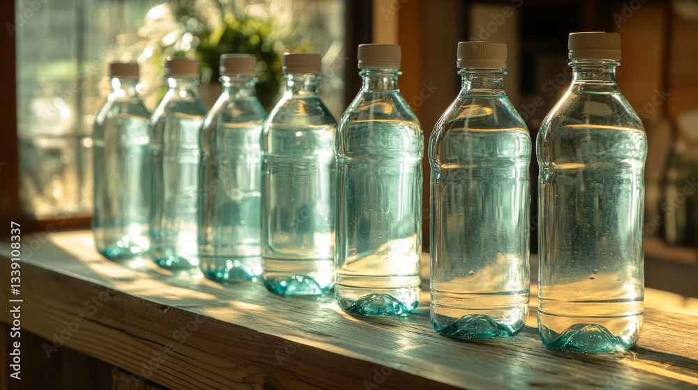 Poster Multiple clear water bottles are neatly arranged on a wooden shelf. The sunlight reflects off the bottles, creating a serene and refreshing atmosphere during the afternoon.