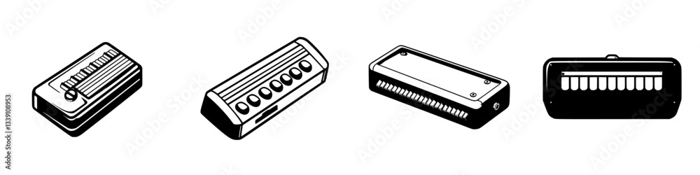 Poster various styles of harmonicas displayed in a row against a simple background in a minimalistic art st