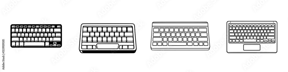 Poster different designs of computer keyboards displayed horizontally showcasing various styles and layouts
