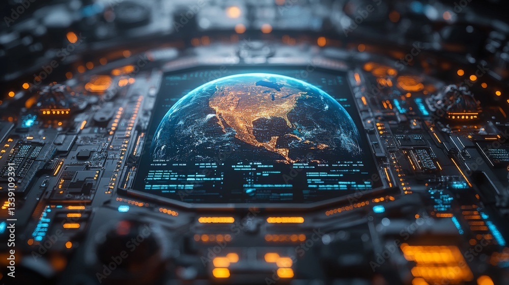 Poster this engaging digital representation showcases earth illuminated by city lights, surrounded by advan