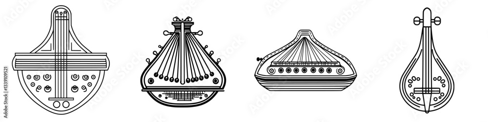 Poster diverse string instruments displayed in a row showcasing traditional designs from different cultures