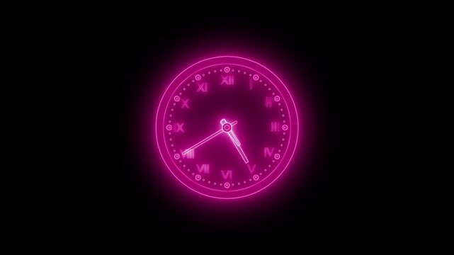 Glowing neon clock animation with Roman numerals on a black background