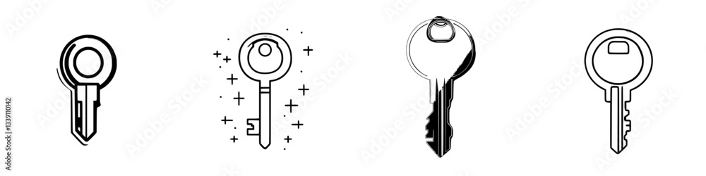 Poster several illustrations of keys representing security and access in various styles and designs during 