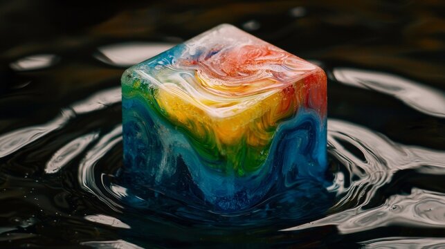 A frozen cube of colored ice melting in oil, creating vibrant patterns as it dissolves. --chaos 20 --ar 16:9 --quality 2 --v 6.1 Job ID: c3dcfcf2-08f0-4820-9641-b172f37953b3