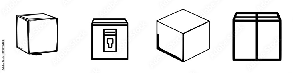 Poster various styles of simple cube shapes representing packaging and storage items in a minimalist design