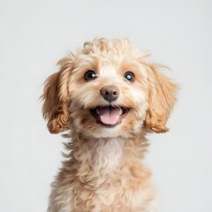 Happy Cockapoo Puppy with Curly Fur against White Backdrop for Ecommerce and Catalogs
