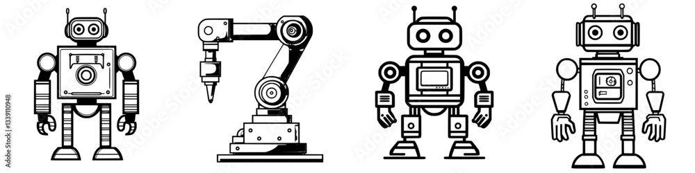 Poster various robot designs display innovation and creativity in technology, showcasing different styles a