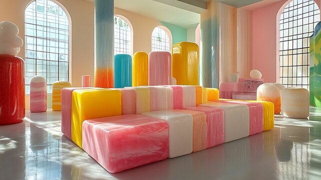 An indoor abstract installation features colorful pillars and seating furniture