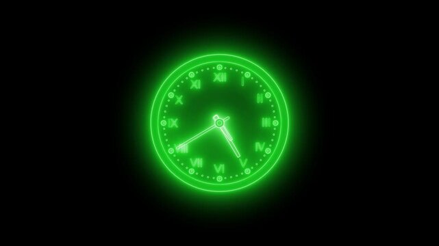 Glowing neon clock animation with Roman numerals on a black background