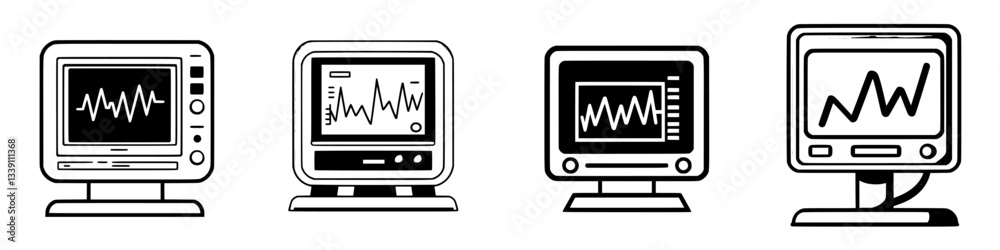 Poster collection of four distinct medical monitoring screens showcasing waveform patterns in a healthcare 