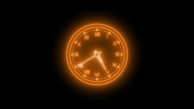Glowing neon clock animation with Roman numerals on a black background