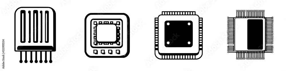 Poster various types of computer chips displayed on a simple background showing their distinct designs and 