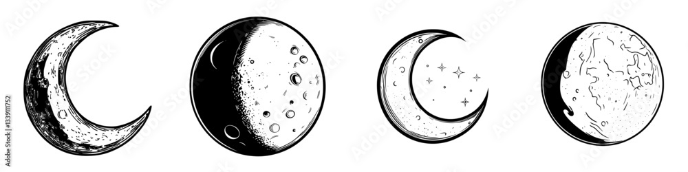 Poster different phases of the moon illustrated in a minimalist style with distinct textures and patterns s